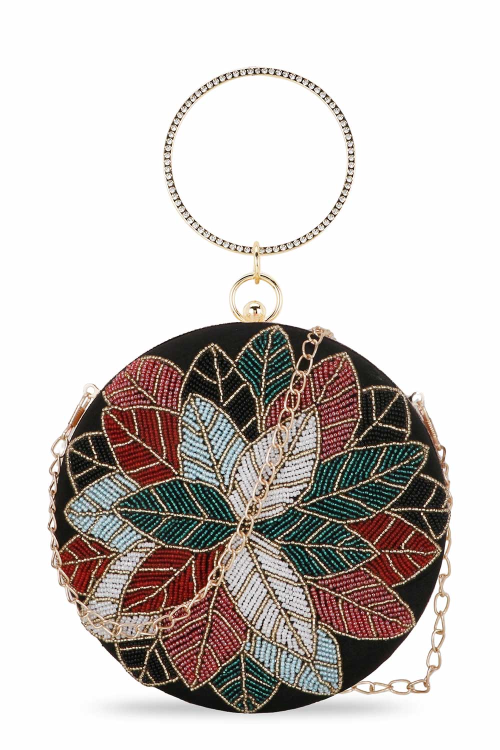 Designer Black & Multi-Color Floral Beadwork Round Clutch