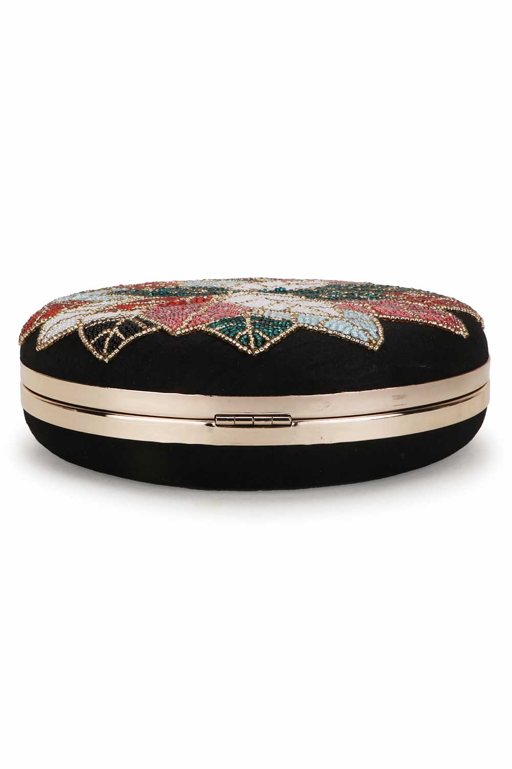 Designer Black & Multi-Color Floral Beadwork Round Clutch