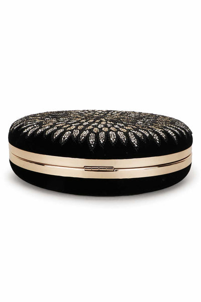 Designer Black & Gold Velvet Floral Embroidered Circle Clutch