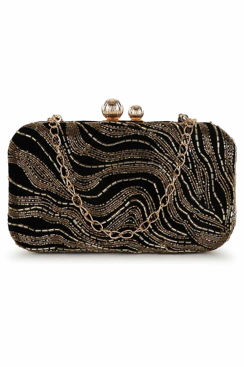 Designer Black & Gold Velvet Abstract Beadwork Clutch