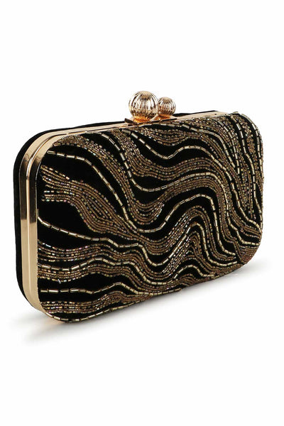 Designer Black & Gold Velvet Abstract Beadwork Clutch