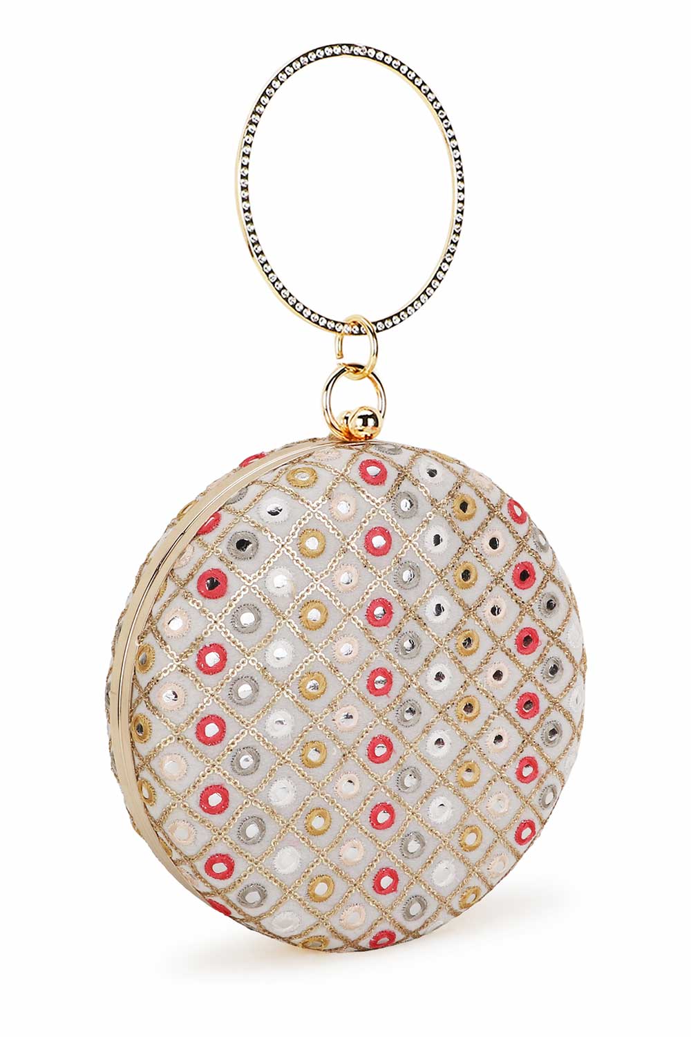 Designer Round Clutch in Cream Silk with Mirror work & Multi-color Embroidery