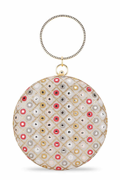 Designer Round Clutch in Cream Silk with Mirror work & Multi-color Embroidery