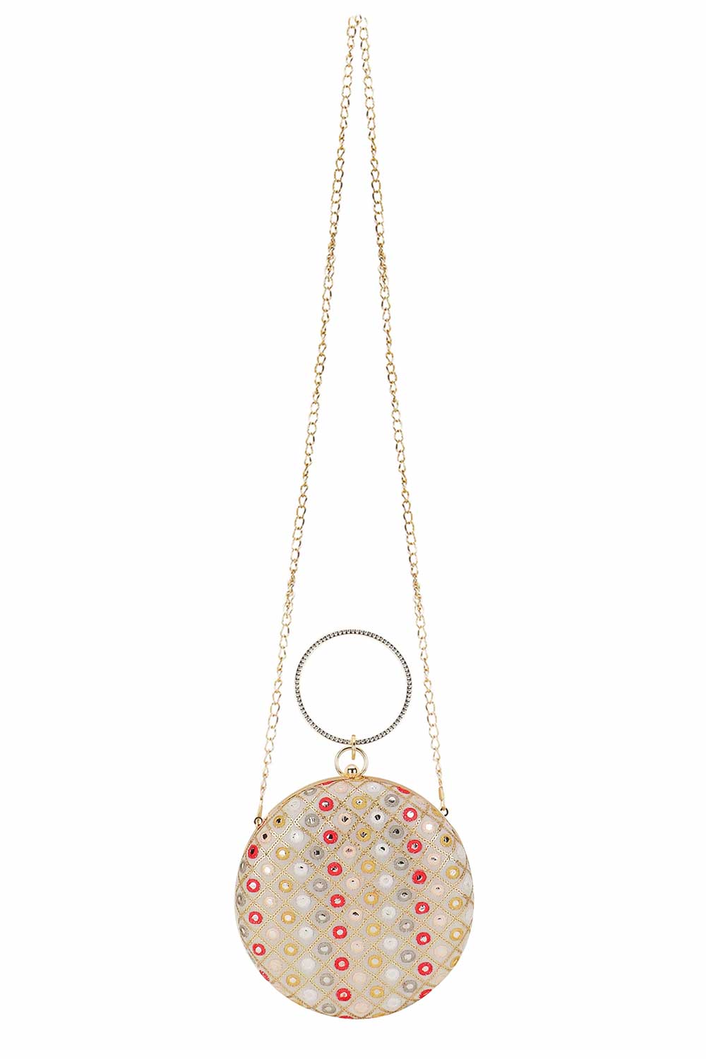 Designer Round Clutch in Cream Silk with Mirror work & Multi-color Embroidery