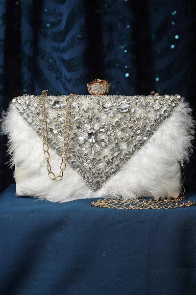Buy White and Gold Stone Work Embellished Velvet Box Clutch Online