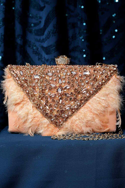 Buy Coral and Gold Stone Work Embellished Velvet Box Clutch Online