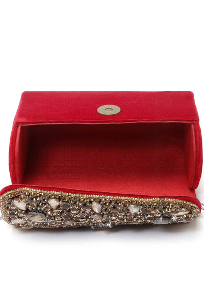 Buy Red and Gold Stone Work Embellished Velvet Purse Clutch Online - Zoom In