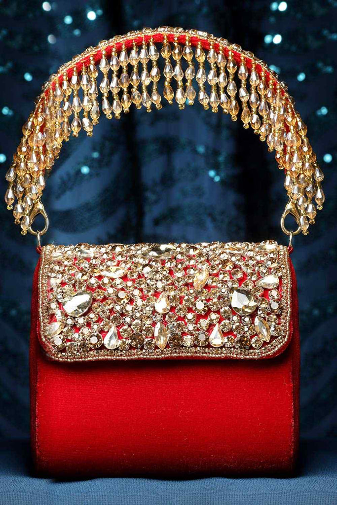 Studio B Womens Gold Embroidered & Beaded Red Fancy Church Hat & Clutch Handbag Red Velvet Embroidered Clutch – Gold Beaded Evening Purse  main image 4