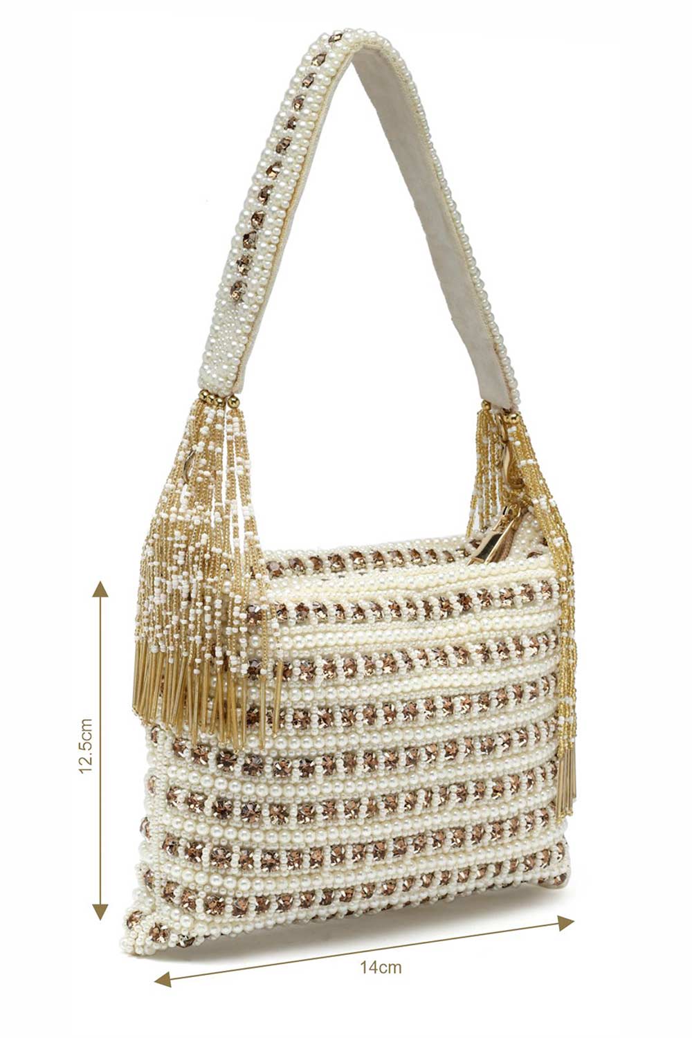 Buy Off White and Gold Stone Work Embellished Faux Silk Purse Clutch Online - Back