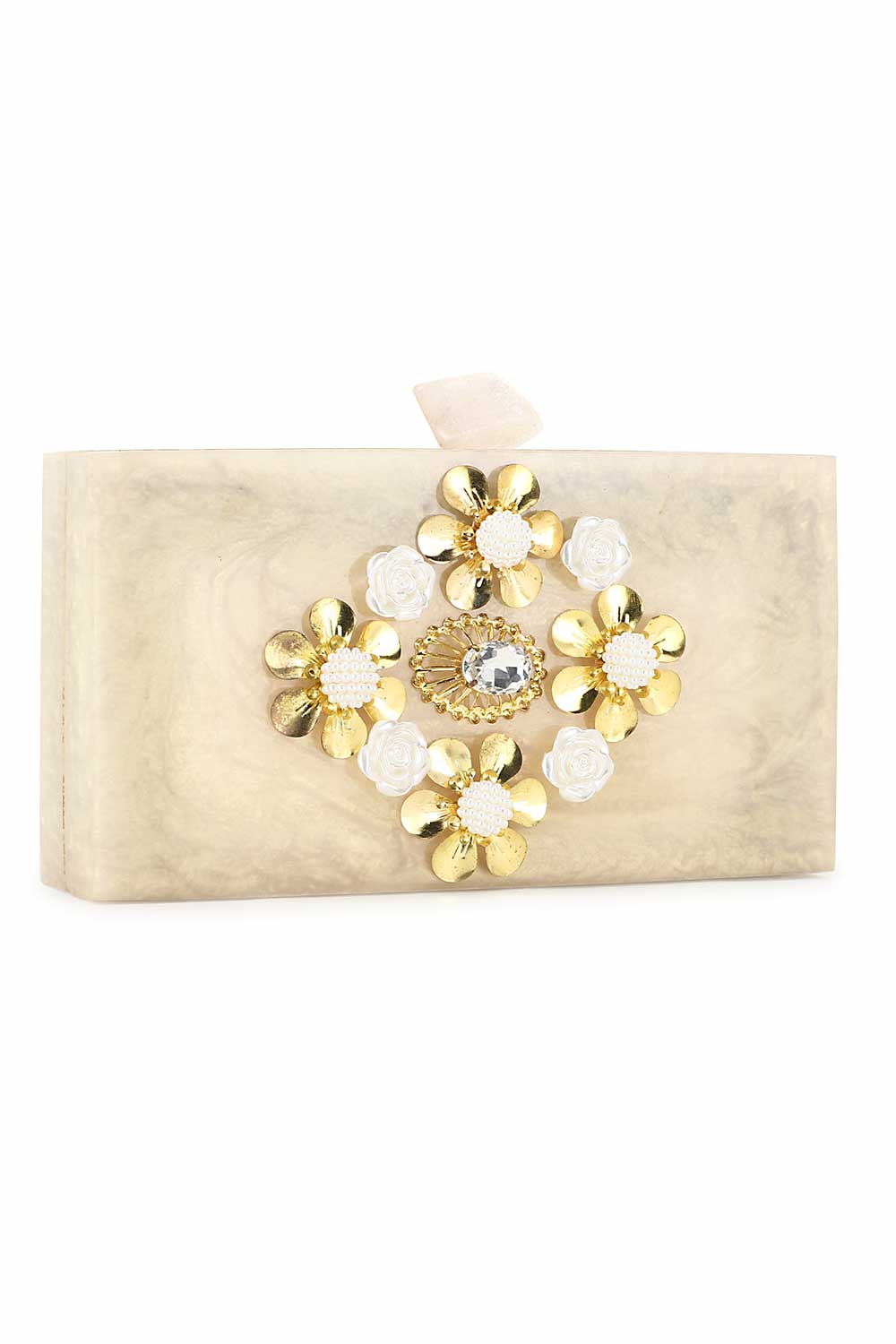 Designer Champagne & Gold Resin Floral Clutch