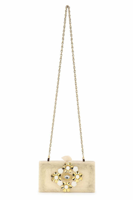 Designer Champagne & Gold Resin Floral Clutch