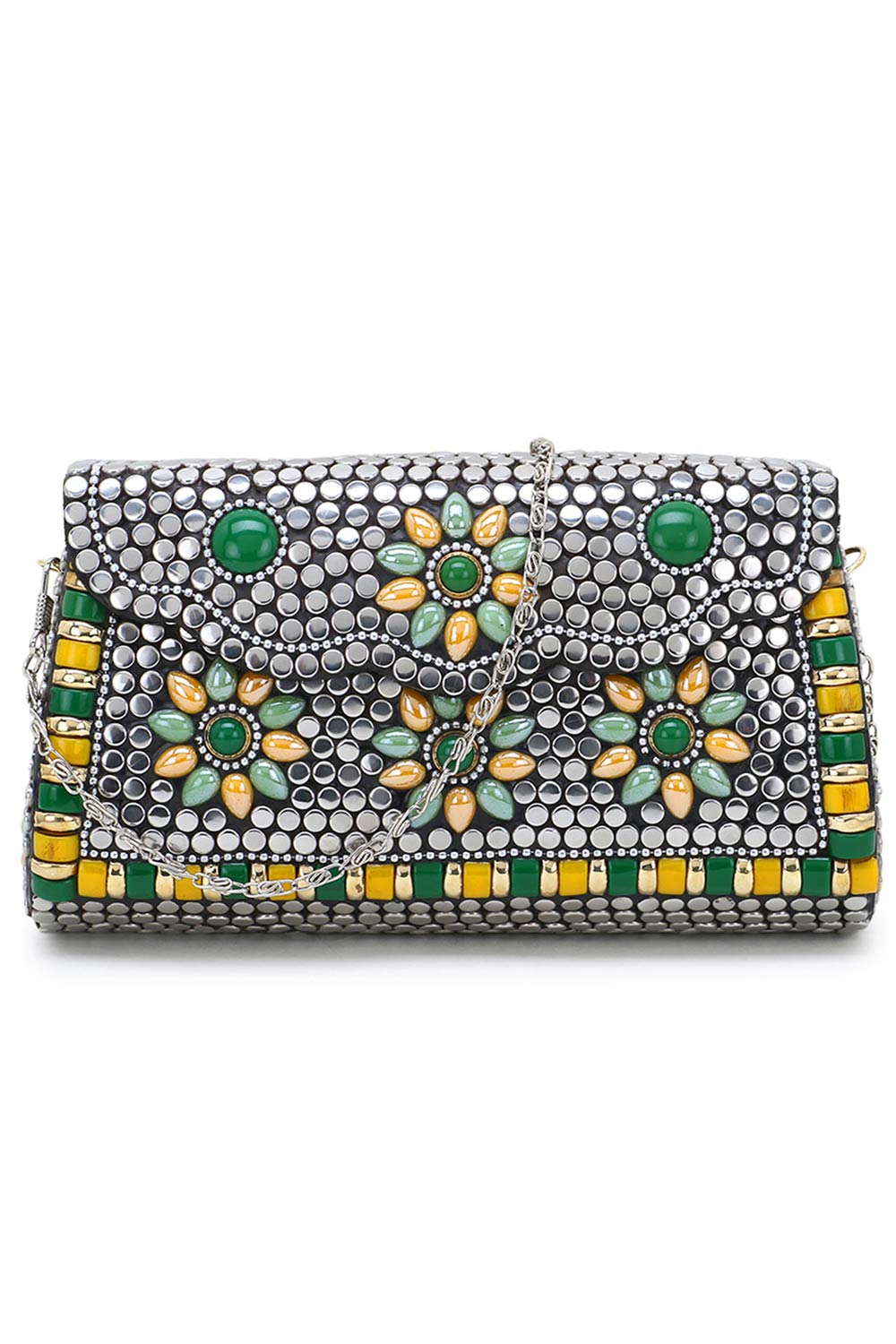 Designer Antique Silver Mosaic Metal Clutch with Green & Yellow Stone Work