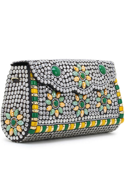 Designer Antique Silver Mosaic Metal Clutch with Green & Yellow Stone Work