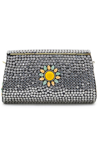 Designer Antique Silver Mosaic Metal Clutch with Green & Yellow Stone Work