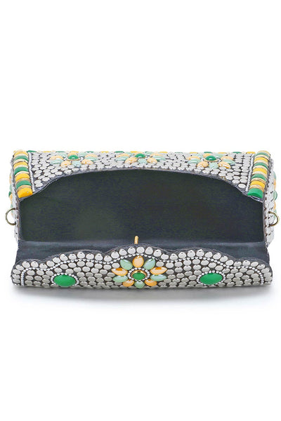 Designer Antique Silver Mosaic Metal Clutch with Green & Yellow Stone Work