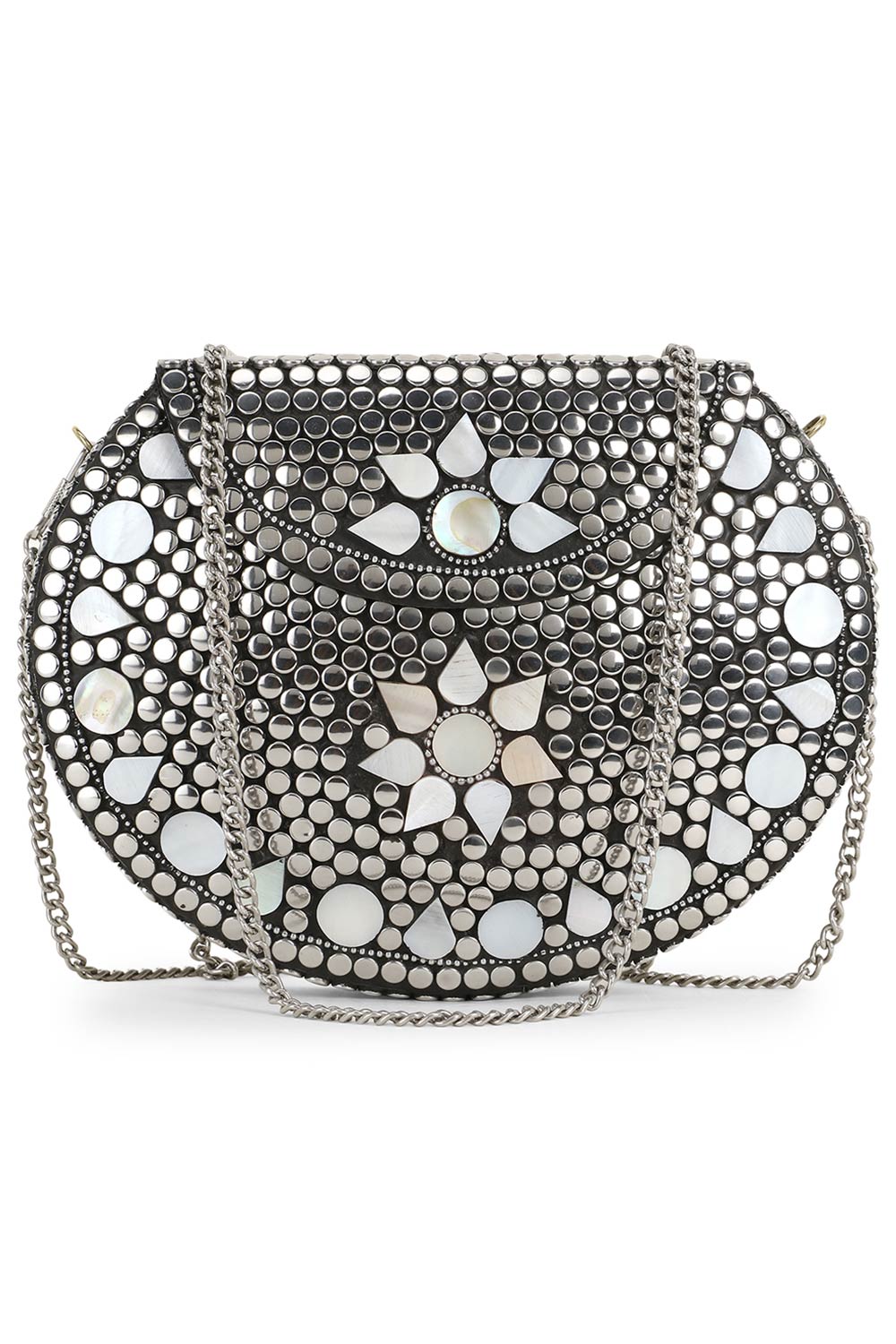 Designer Mosaic Silver & White Metal Floral Mosaic Clutch