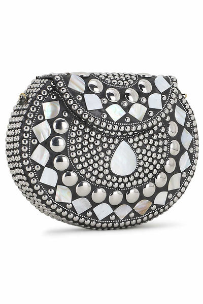 Designer Silver & White Metal Mosaic Embellished Clutch