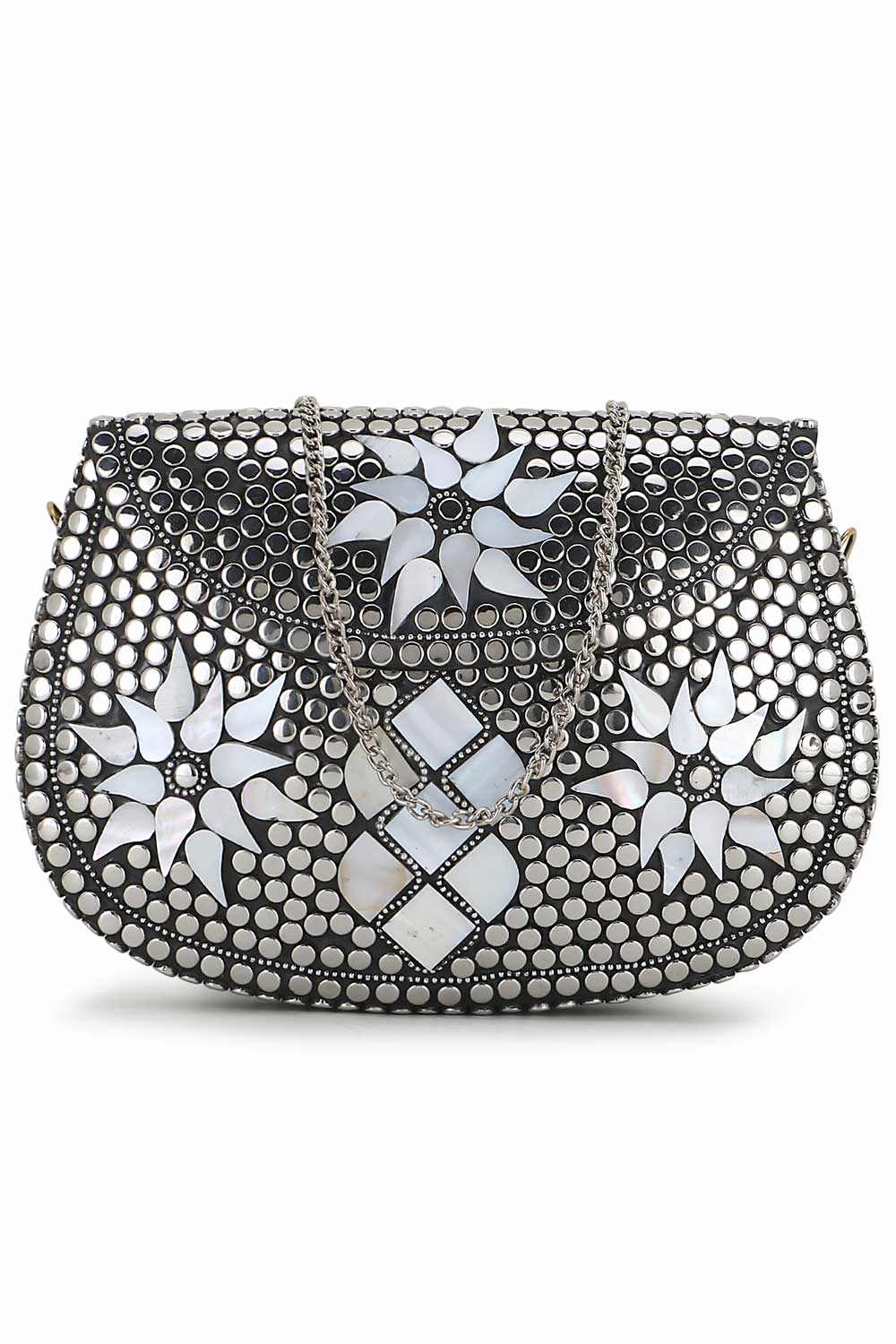 Designer Silver & White Metal Mosaic Embellished Clutch