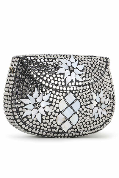 Designer Silver & White Metal Mosaic Embellished Clutch