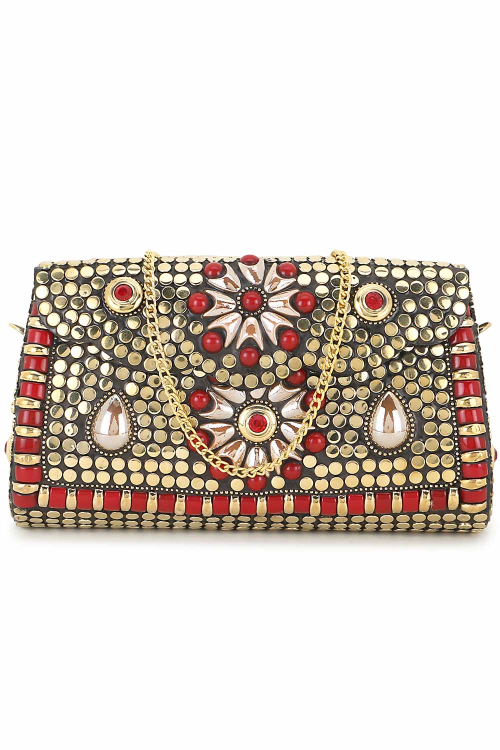 Designer Royal Aztec Design Gold  & Red Metalwork Clutch