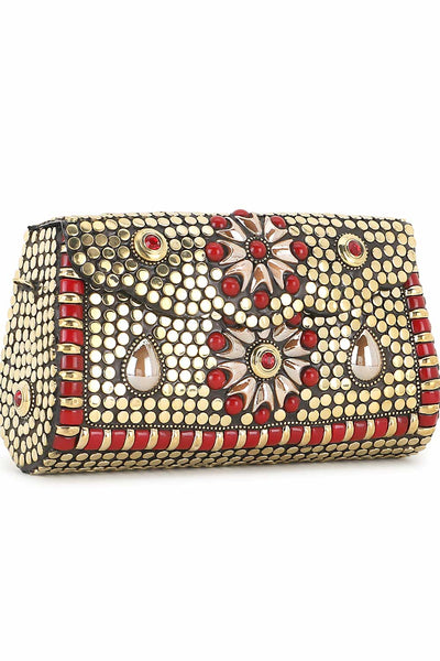 Designer Royal Aztec Design Gold  & Red Metalwork Clutch