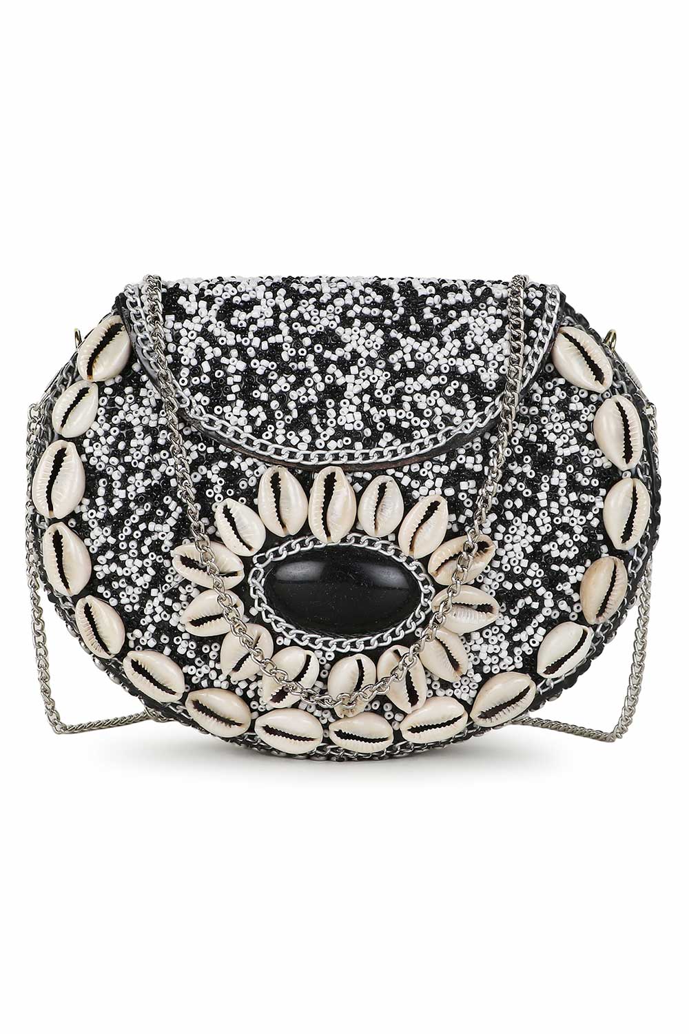 Designer Black &  Metal Shell Embellished Clutch