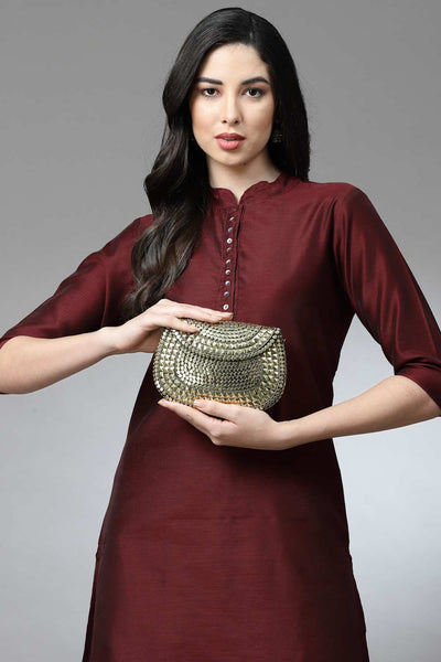 Buy Gold Mosaic Embellished Metal Halfmoon Clutch Online - Front