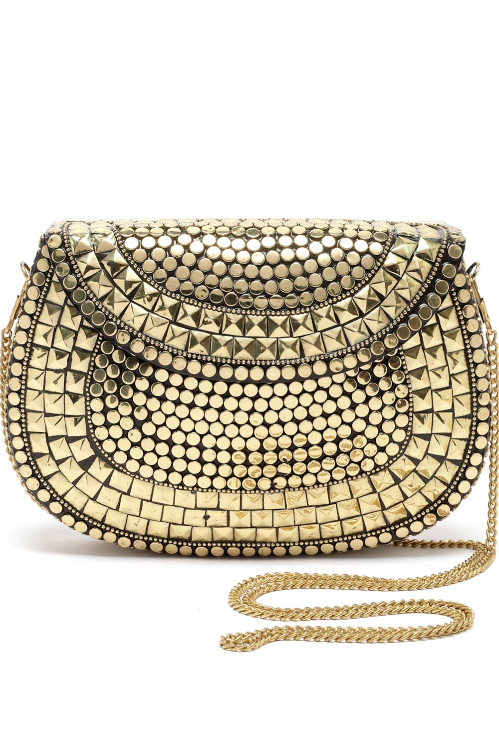 Buy Gold Mosaic Embellished Metal Halfmoon Clutch Online