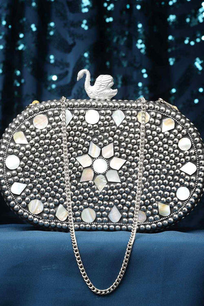 Buy Silver and White Marble Mosaic Embellished Metal Box Clutch Online - Front