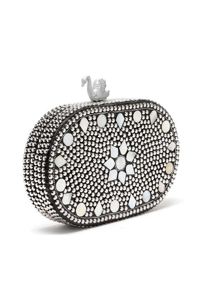 Buy Silver and White Marble Mosaic Embellished Metal Box Clutch Online - Back