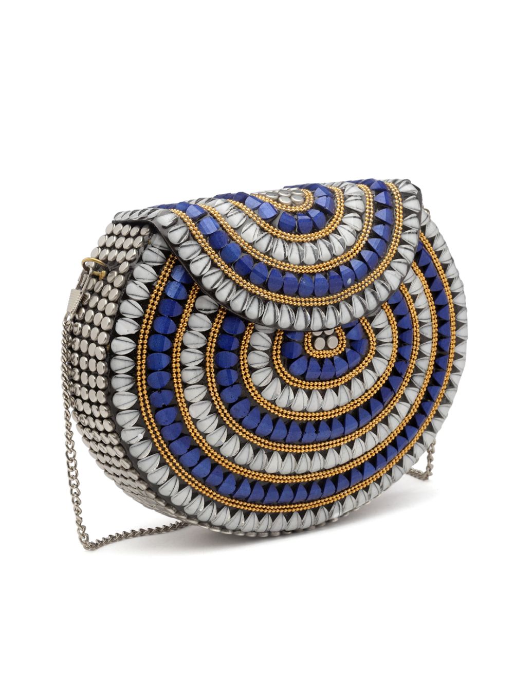 Designer Silver Metal With Blue & White Stone Work Embellished Clutch