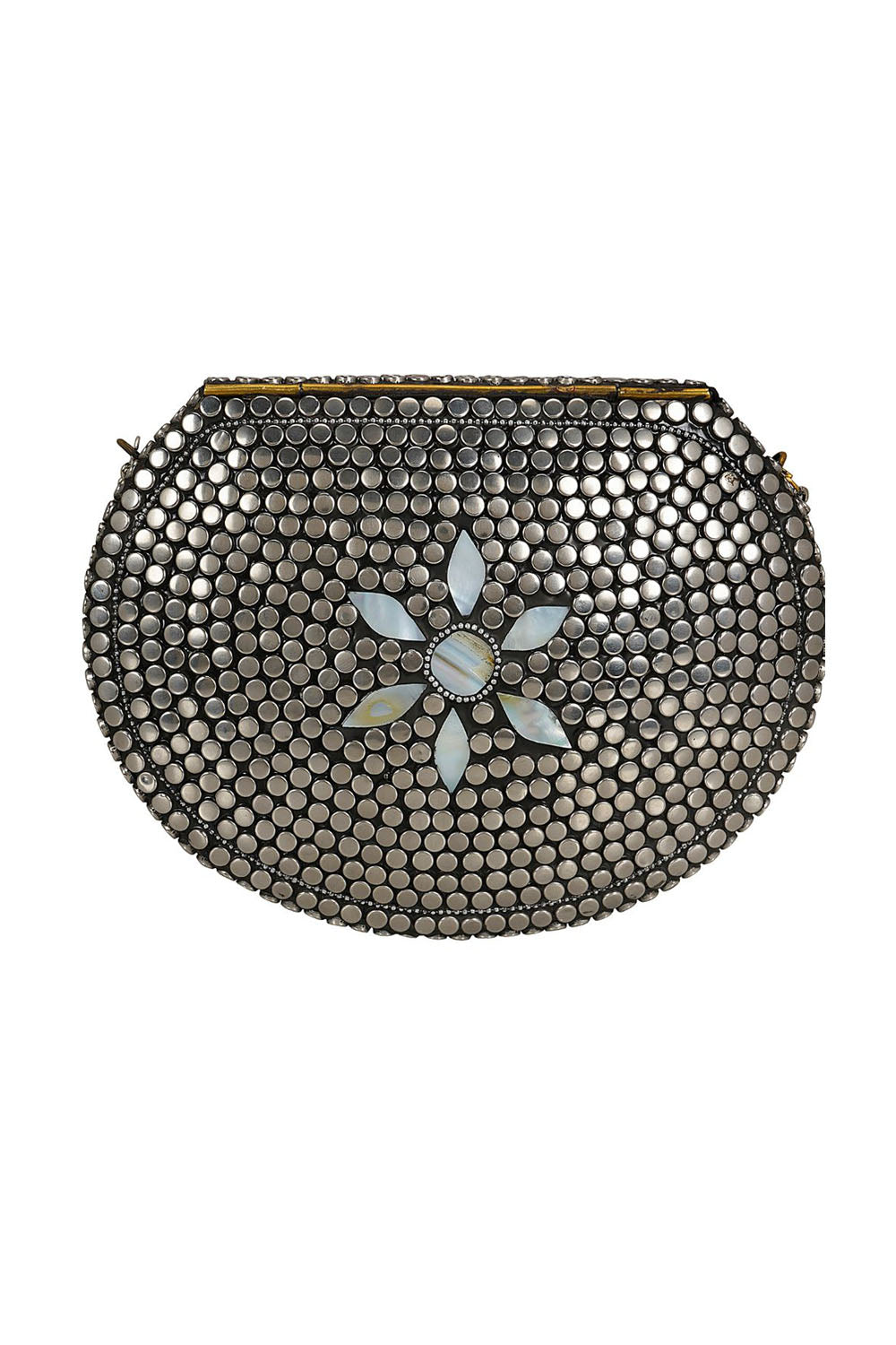 Designer Antique Silver Metalwork Clutch in Sliver & White