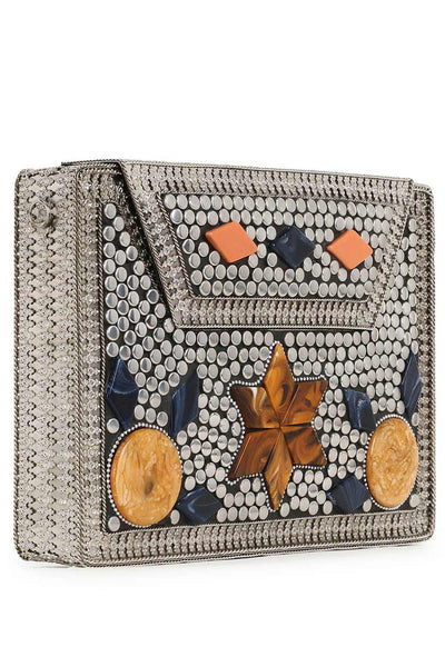 Designer Antique Silver Mosaic Metal & Stone Floral Rectangle Clutch