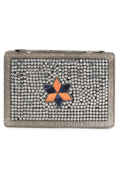 Designer Antique Silver Mosaic Metal & Stone Floral Rectangle Clutch