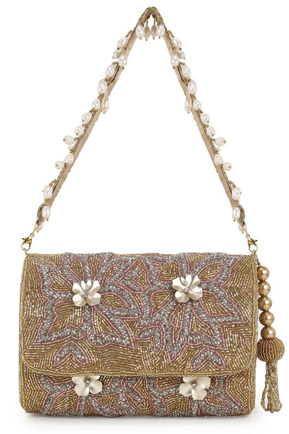 Designer Gold & Silver & Pink Beadwork Evening Purse