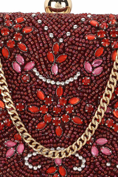 Designer Maroon Silk Embroidered Clutch