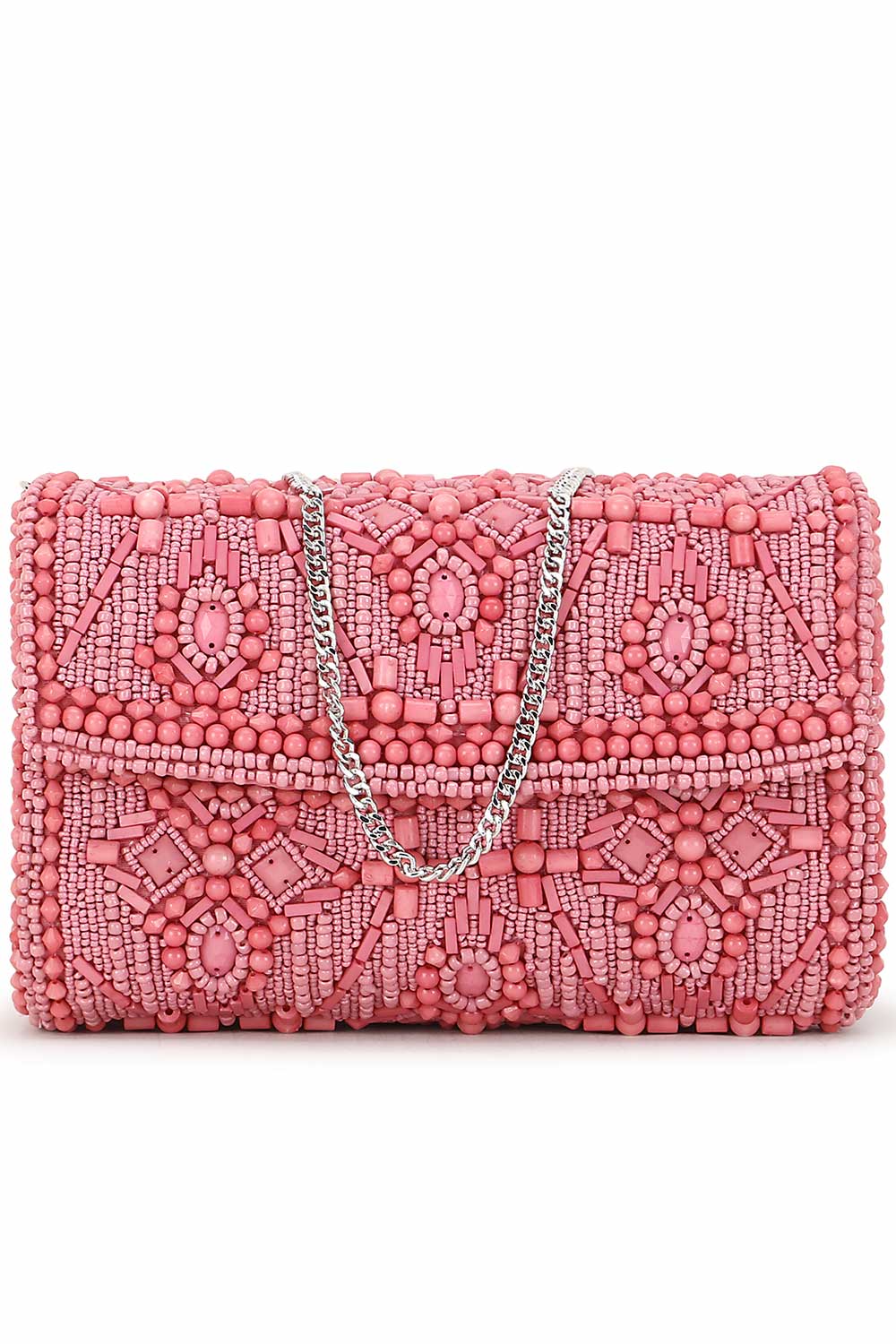 Designer Pink &Silver  Silk Ethnic Motifs Embellished Clutch