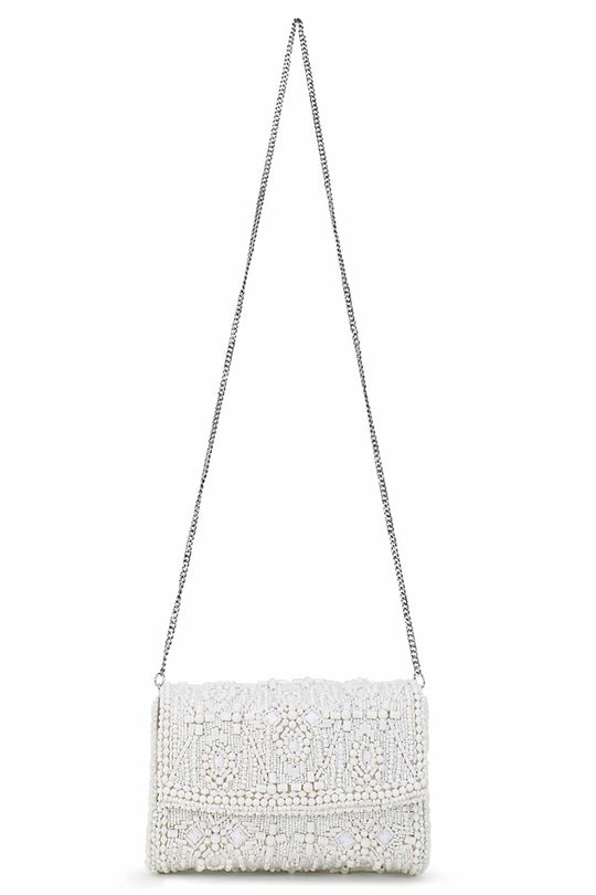 Designer White & Silver Beadwork Clutch