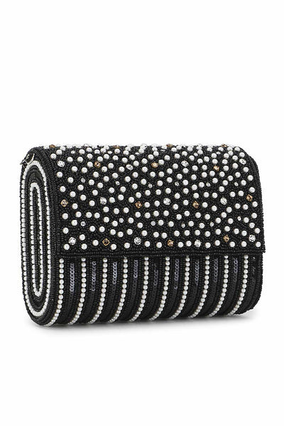 Designer Black Silk Bead & Pearls Striped Evening Bag