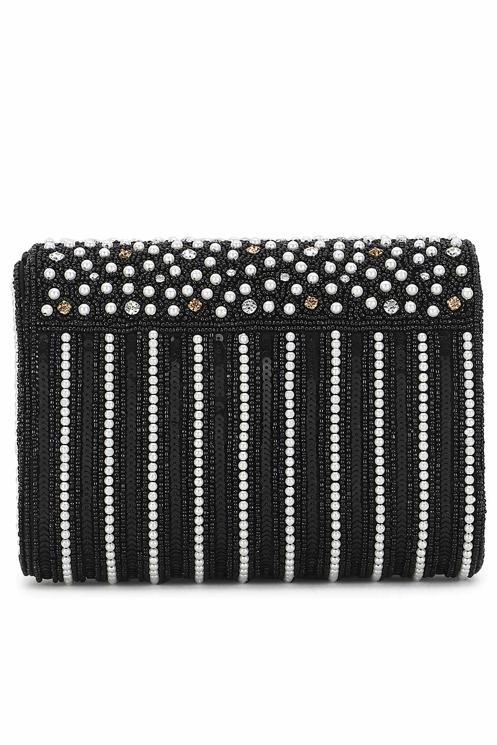 Designer Black Silk Bead & Pearls Striped Evening Bag