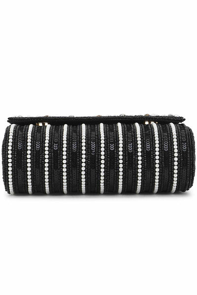 Designer Black Silk Bead & Pearls Striped Evening Bag