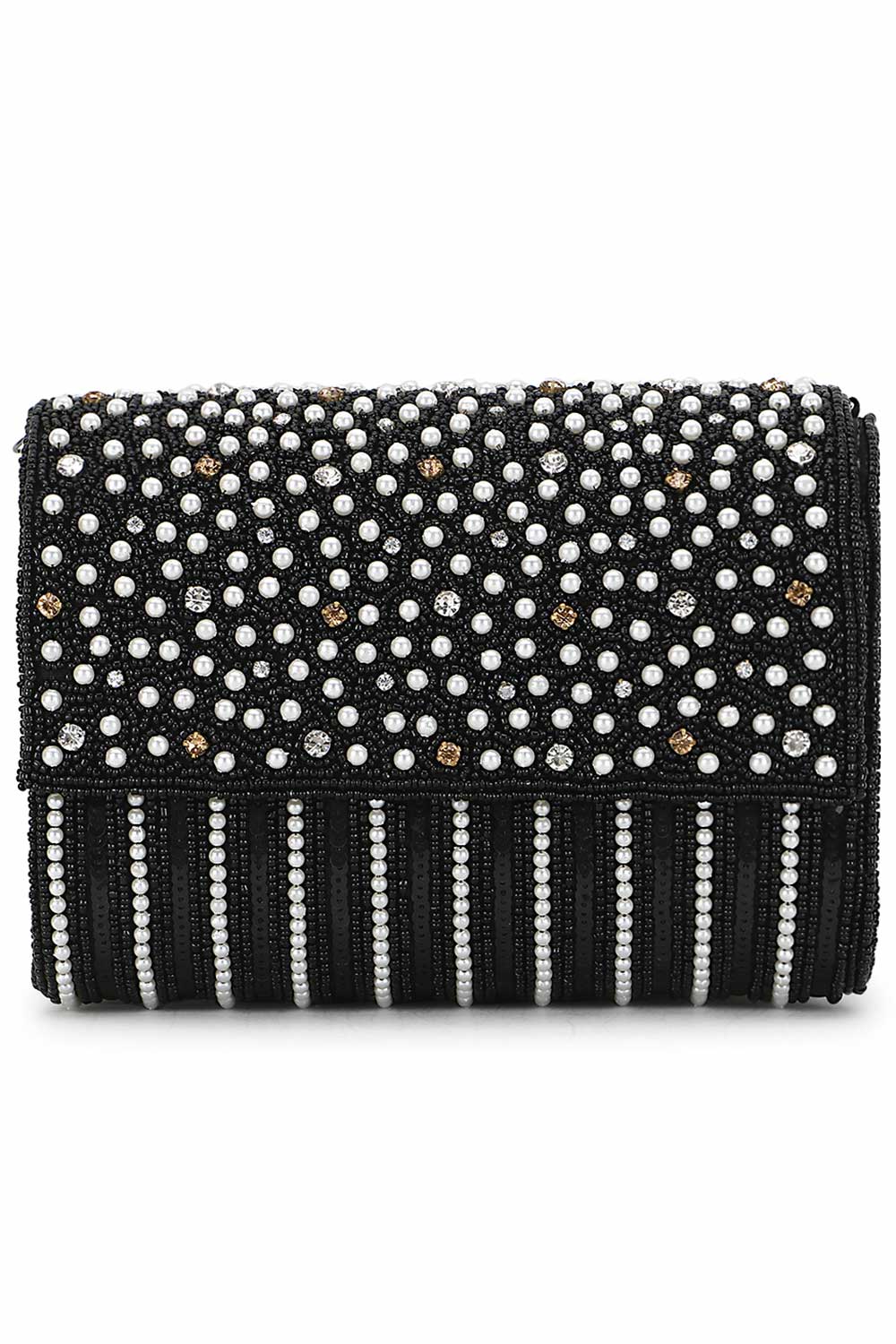 Designer Black Silk Bead & Pearls Striped Evening Bag