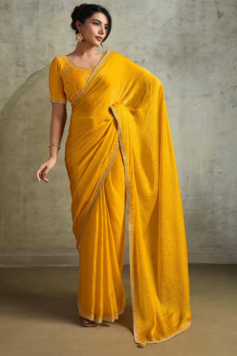 Melia Yellow Chiffon Embellished Zarkan Border Ready to Wear Saree