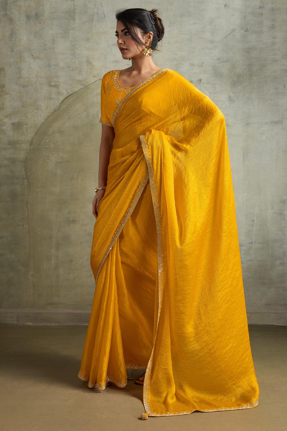 Melia Yellow Chiffon Embellished Zarkan Border Ready to Wear Saree
