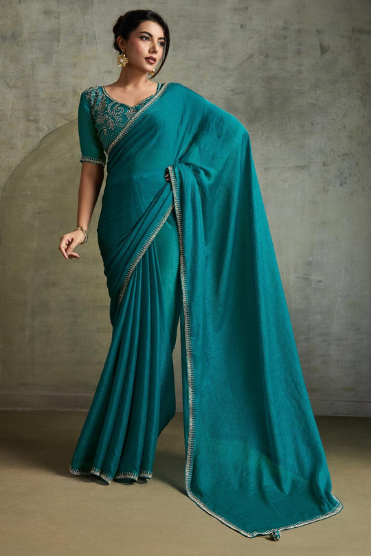 Melia Teal Blue Chiffon Embellished Zarkan Border Ready to Wear Saree