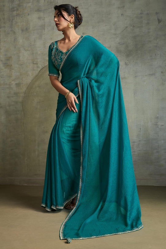 Melia Teal Blue Chiffon Embellished Zarkan Border Ready to Wear Saree