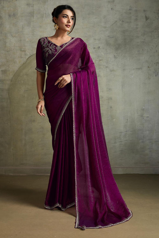 Melia Wine Chiffon Embellished Zarkan Border Ready to Wear Saree