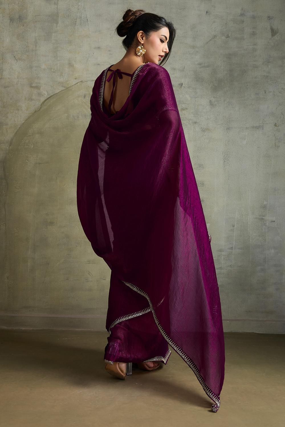 Melia Wine Chiffon Embellished Zarkan Border Ready to Wear Saree