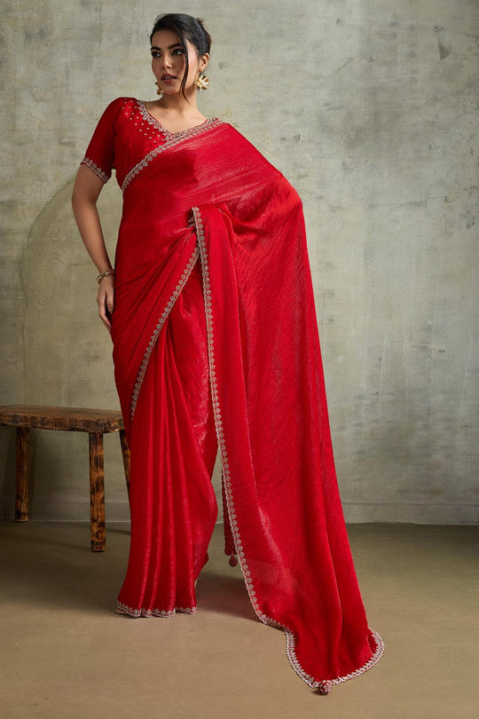 Melia Red Chiffon Embellished Zarkan Border Ready to Wear Saree