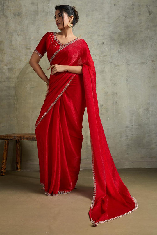 Melia Red Chiffon Embellished Zarkan Border Ready to Wear Saree